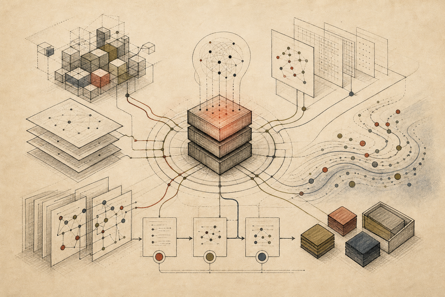 Original archive illustration of cognitive load as a control plane connecting software layers, review checkpoints, and working-memory state.